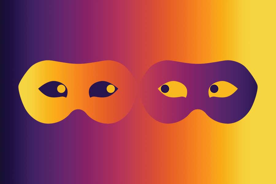 Graphic of two masquerade masks, with eyes looking at each other.