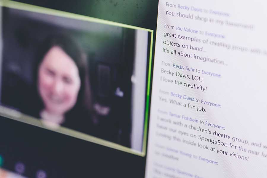 Close-up image of computer screen, with enthusiastic online chat between Institute participants and instructors