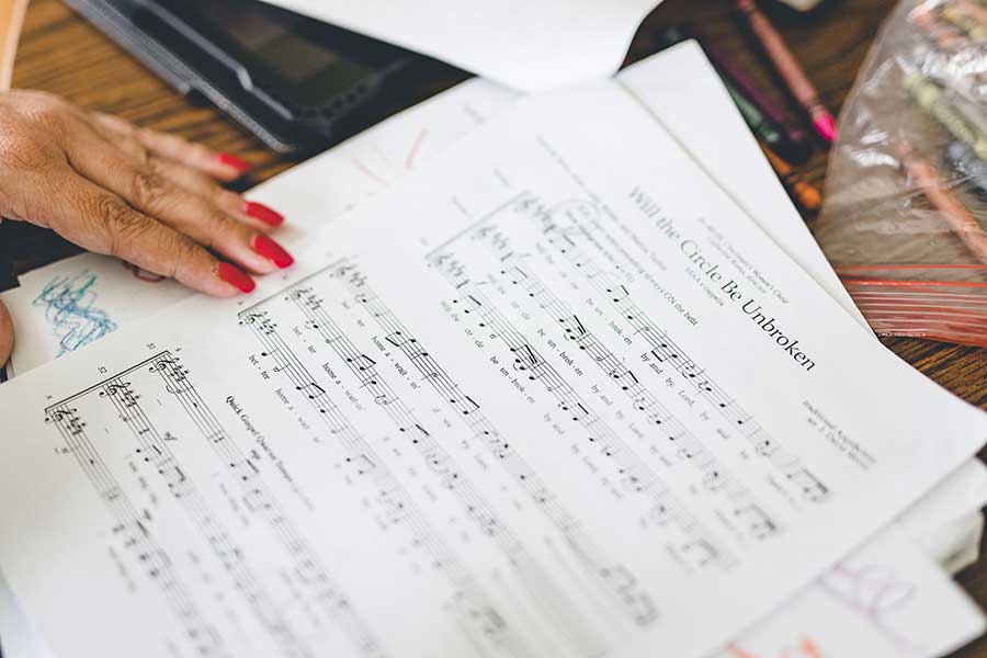 Pages of sheet music on desktop