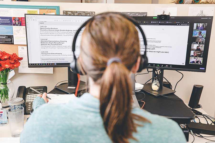 View over the shoulder of Muse staff member, showing two screens related to the virtual Institute in progress