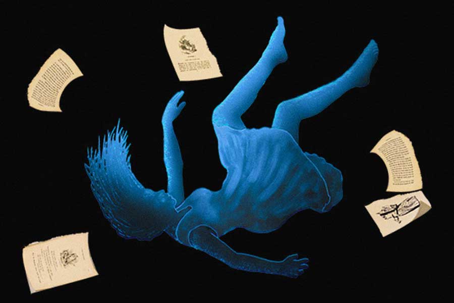 Alice By Heart promo image: girl falling through air along with pages of book.
