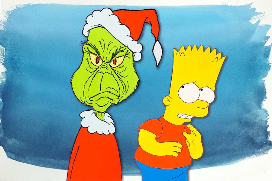 Animation cel images of the Grinch and Bart Simpson