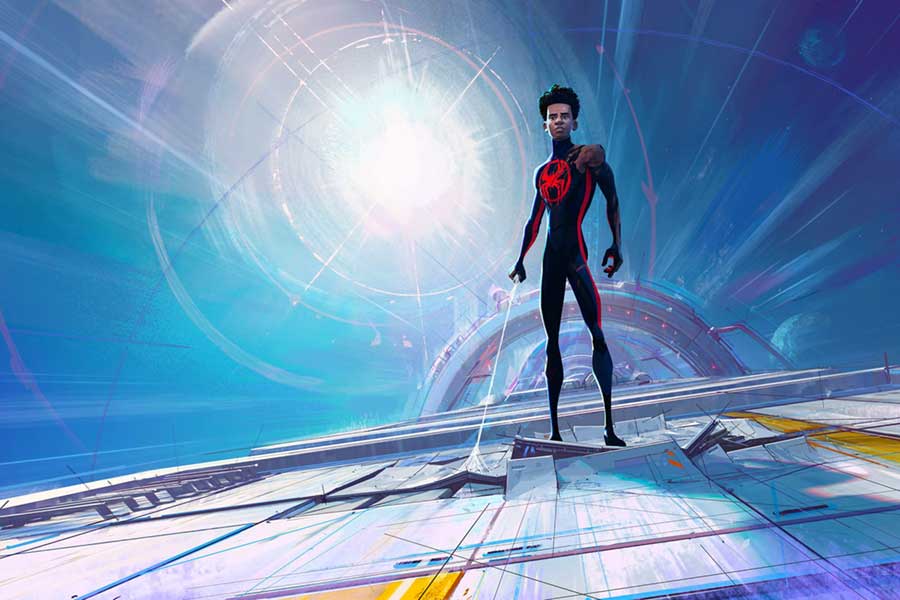 Image from animated film, featuring Miles Morales character in Spider-Man costume.