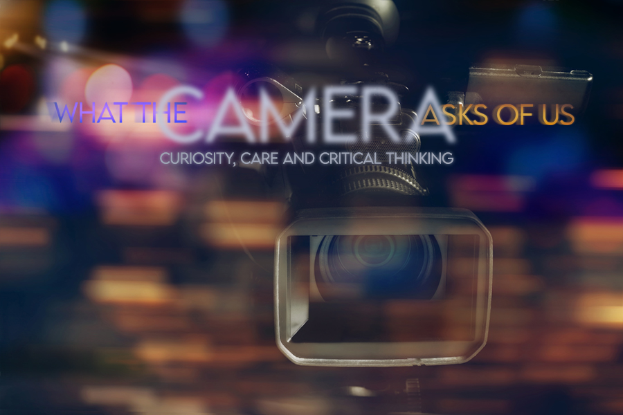 Promotional image for Summer Institute for Educators 2026, with video camera amidst colorful motion blur and text "What the Camera Asks of Us: Curiosity, Care and Critical Thinking"